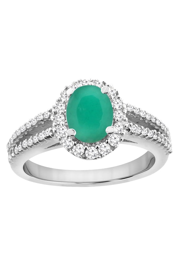 10K White Gold Natural Cabochon Emerald Split Shank Halo Engagement Ring Oval 7x5 mm, size 9