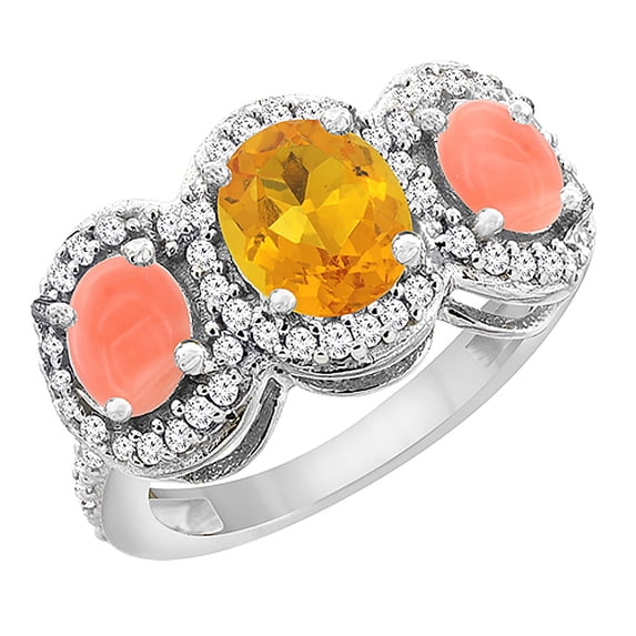 10K White Gold Natural Citrine & Coral 3-Stone Ring Oval Diamond Accent, size 6.5