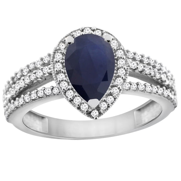 10K White Gold Natural Diffused Ceylon Sapphire Ring 9x7 Pear Halo Diamond, size 8