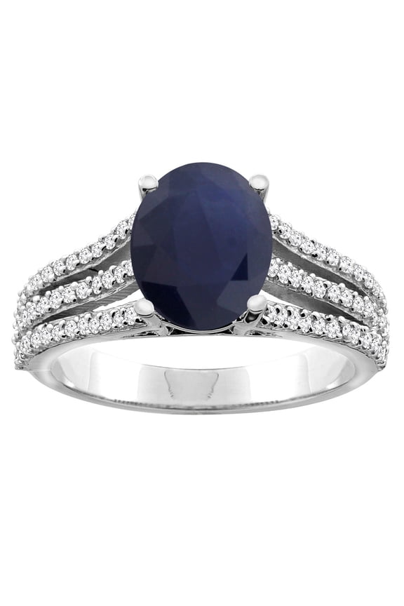 10K White Gold Natural Diffused Ceylon Sapphire Tri-split Ring Oval 9x7mm Diamond Accents, size 8