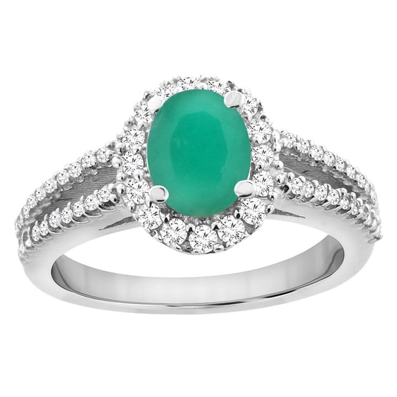 10K White Gold Natural Emerald Split Shank Halo Engagement Ring Oval 7x5 mm, size 8