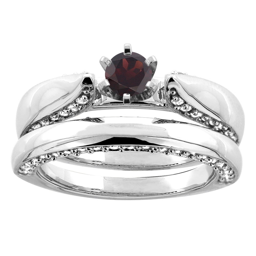 10K White Gold Natural Garnet 2-piece Bridal Ring Set Diamond Accents ...