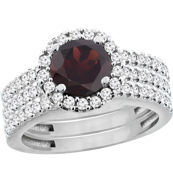 10K White Gold Natural Garnet 3-Piece Bridal Ring Set Round 6mm Halo Diamond, size 10