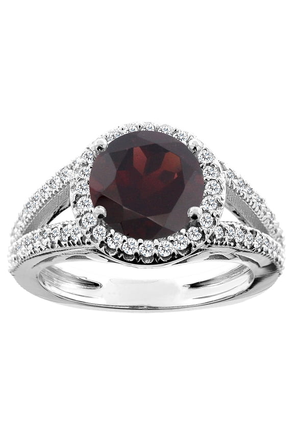 10K White Gold Natural Garnet Ring Round 8mm Diamond Accent, size 7