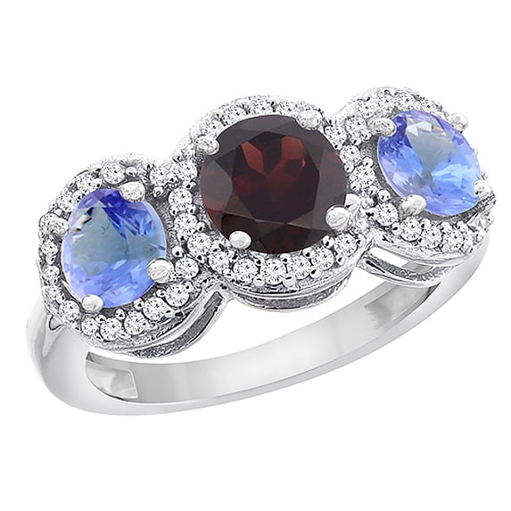 10K White Gold Natural Garnet & Tanzanite Sides Round 3-stone Ring Diamond Accents, size 7.5