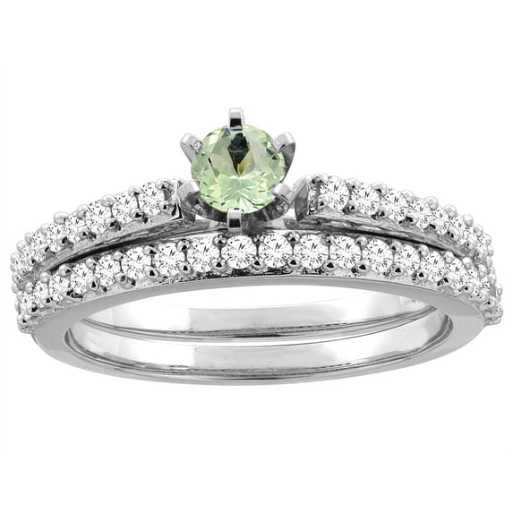 10K White Gold Natural Green Amethyst 2-piece Bridal Ring Set Round 4mm, size 5