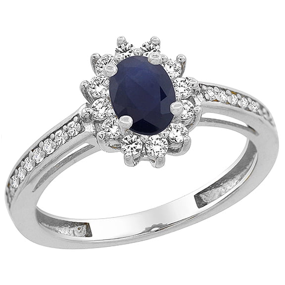 10K White Gold Natural HQ Blue Sapphire Flower Halo Ring Oval 6x4 mm Diamond Accents, size 7.5