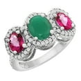 thumbnail image 1 of 10K White Gold Natural HQ Emerald & Pink Topaz 3-Stone Ring Oval Diamond Accent, size 5.5, 1 of 2
