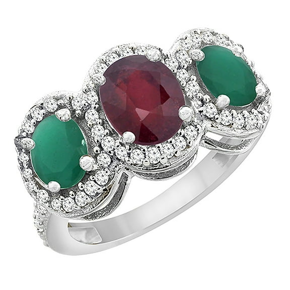 10K White Gold Natural HQ Ruby & Emerald 3-Stone Ring Oval Diamond Accent, size 8.5