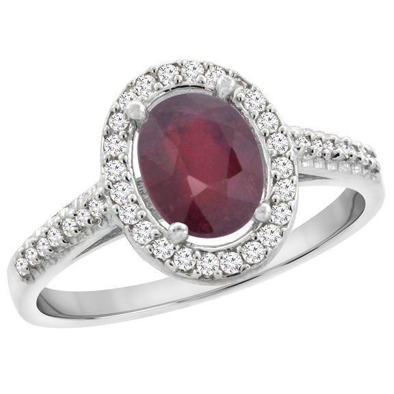 10K White Gold Natural HQ Ruby Engagement Ring Oval 7x5 mm Diamond Halo, size 6.5
