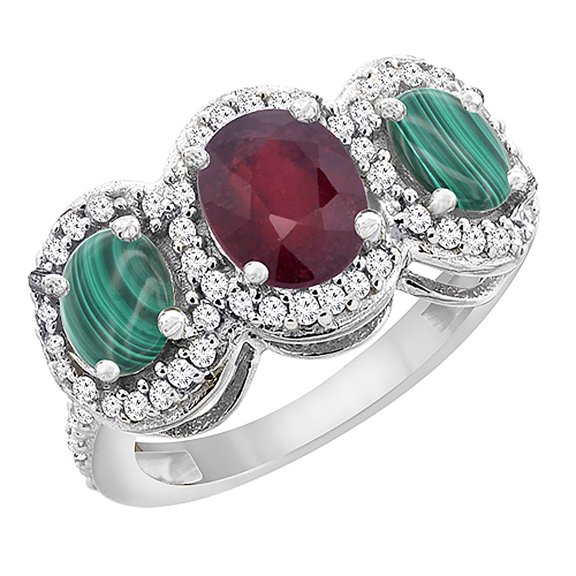 10K White Gold Natural HQ Ruby & Malachite 3-Stone Ring Oval Diamond Accent, size 10