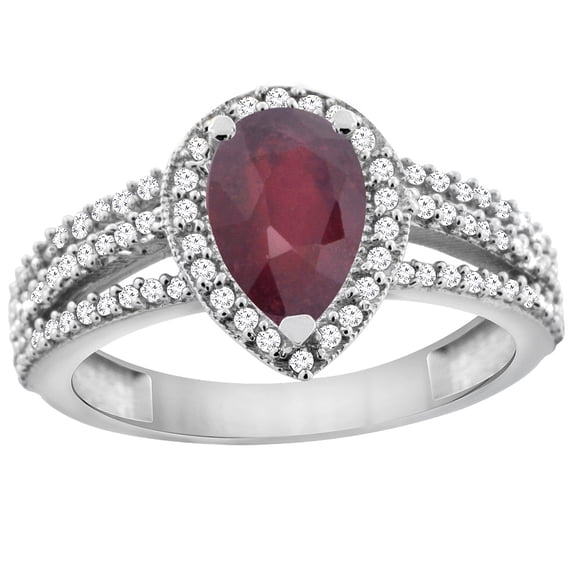 10K White Gold Natural HQ Ruby Ring 9x7 Pear Halo Diamond, size 7.5