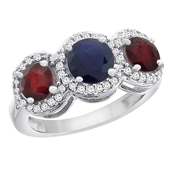 10K White Gold Natural High Quality Blue Sapphire & Enhanced Ruby Sides Round 3-stone Ring Diamond Accents, size 5