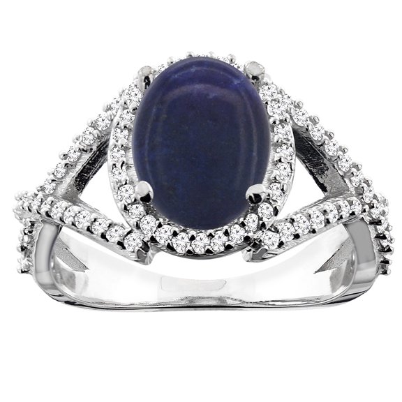 10K White Gold Natural Lapis Ring Oval 10x8mm Diamond Accent, size 9
