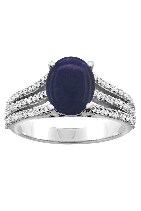 10K White Gold Natural Lapis Tri-split Ring Oval 9x7mm Diamond Accents, size 7