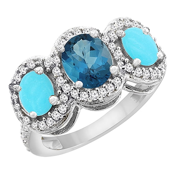 10K White Gold Natural London Blue Topaz & Turquoise 3-Stone Ring Oval Diamond Accent, size 7.5