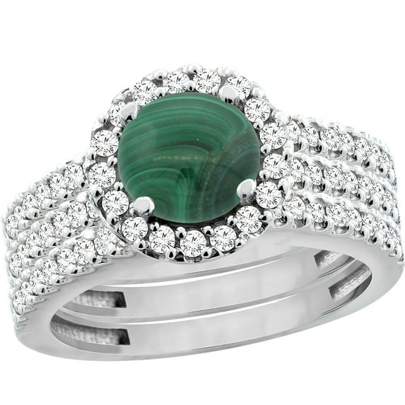 10K White Gold Natural Malachite 3-Piece Bridal Ring Set Round 6mm Halo Diamond, size 6