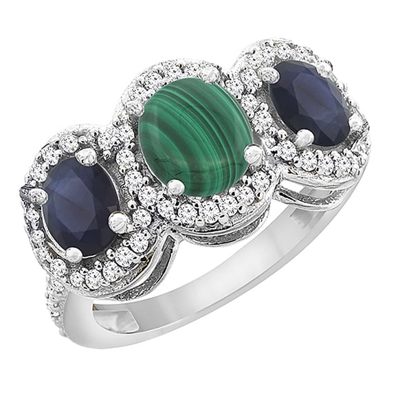 10K White Gold Natural Malachite & HQ Blue Sapphire 3-Stone Ring Oval Diamond Accent, size 7.5
