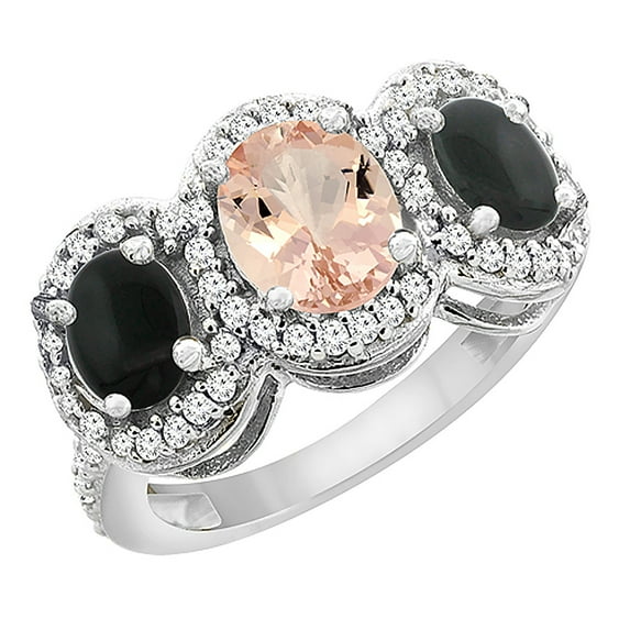 10K White Gold Natural Morganite & Black Onyx 3-Stone Ring Oval Diamond Accent, size 6.5