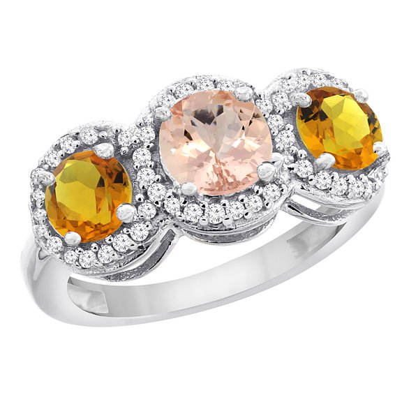 10K White Gold Natural Morganite & Citrine Sides Round 3-stone Ring Diamond Accents, size 8.5