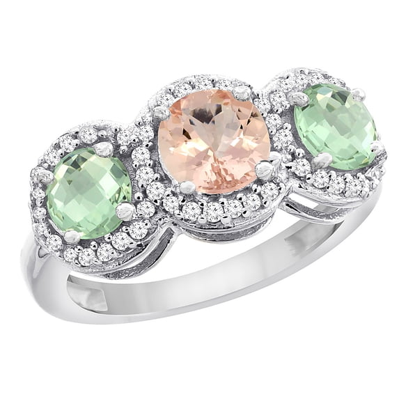 10K White Gold Natural Morganite & Green Amethyst Sides Round 3-stone Ring Diamond Accents, size 8.5