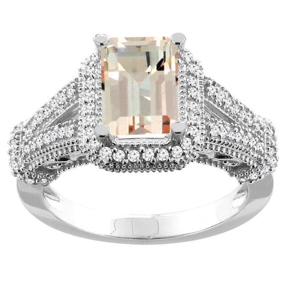 10K White Gold Natural Morganite Ring Octagon 8x6mm Diamond Accent, size 6