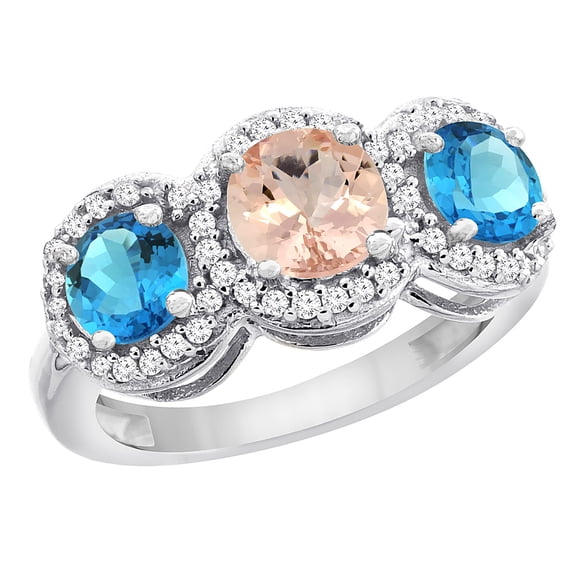 10K White Gold Natural Morganite & Swiss Blue Topaz Sides Round 3-stone Ring Diamond Accents, size 10