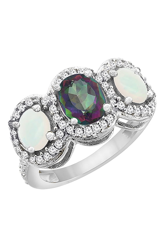 10K White Gold Natural Mystic Topaz & Opal 3-Stone Ring Oval Diamond Accent, size 9.5