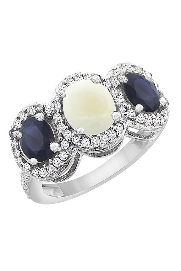 10K White Gold Natural Opal & HQ Blue Sapphire 3-Stone Ring Oval Diamond Accent, size 8