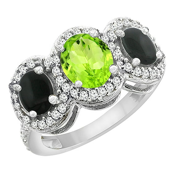 10K White Gold Natural Peridot & Black Onyx 3-Stone Ring Oval Diamond Accent, size 5.5
