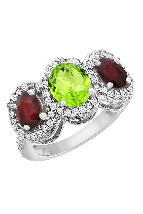 10K White Gold Natural Peridot & Enhanced Ruby 3-Stone Ring Oval Diamond Accent, size 8.5