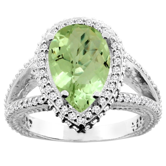 10K White Gold Natural Peridot Halo Ring Pear 12x8mm Diamond Accents, size 9