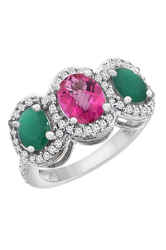 10K White Gold Natural Pink Sapphire & Cabochon Emerald 3-Stone Ring Oval Diamond Accent, size 10