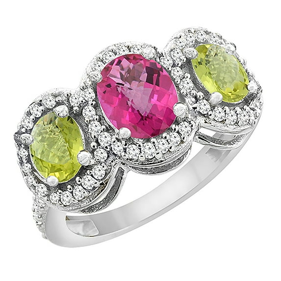 10K White Gold Natural Pink Sapphire & Lemon Quartz 3-Stone Ring Oval Diamond Accent, size 5