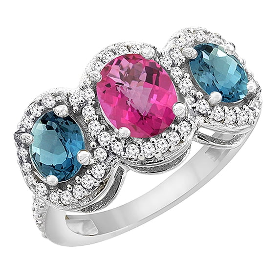 10K White Gold Natural Pink Sapphire & London Blue Topaz 3-Stone Ring Oval Diamond Accent, size 7