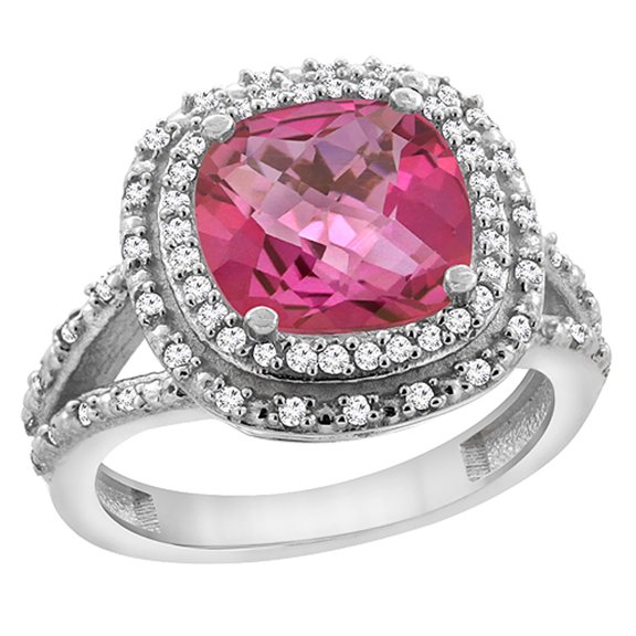 10K White Gold Natural Pink Topaz Ring Cushion 8x8 mm with Diamond Accents, size 10