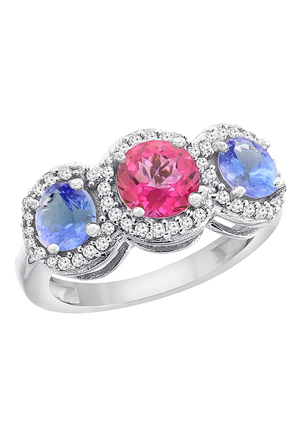 10K White Gold Natural Pink Topaz & Tanzanite Sides Round 3-stone Ring Diamond Accents, size 8