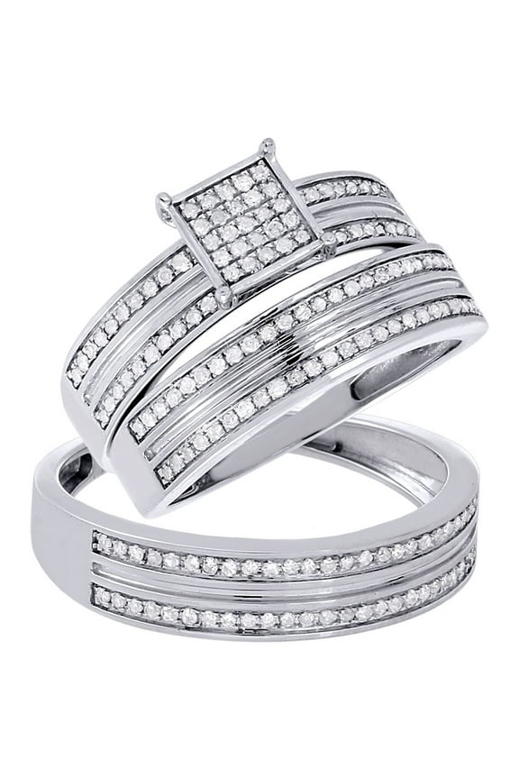 10K White Gold Natural Real Diamond Wedding Ring Mens Ladies Trio Set 0.55 Tcw.