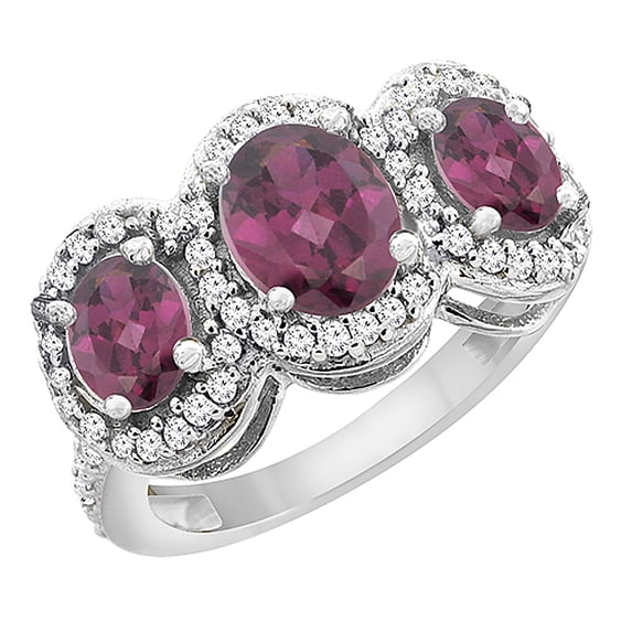 10K White Gold Natural Rhodolite 3-Stone Ring Oval Diamond Accent, size 5