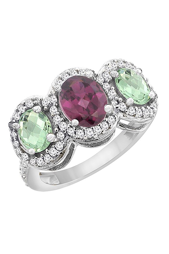 10K White Gold Natural Rhodolite & Green Amethyst 3-Stone Ring Oval Diamond Accent, size 8