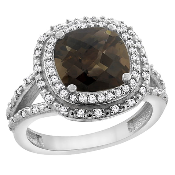 10K White Gold Natural Smoky Topaz Ring Cushion 8x8 mm with Diamond Accents, size 10
