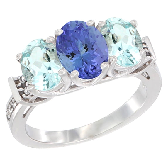 10K White Gold Natural Tanzanite & Aquamarine Sides Ring 3-Stone Oval Diamond Accent, size 10