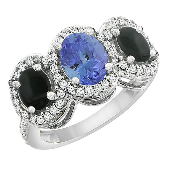10K White Gold Natural Tanzanite & Black Onyx 3-Stone Ring Oval Diamond Accent, size 7