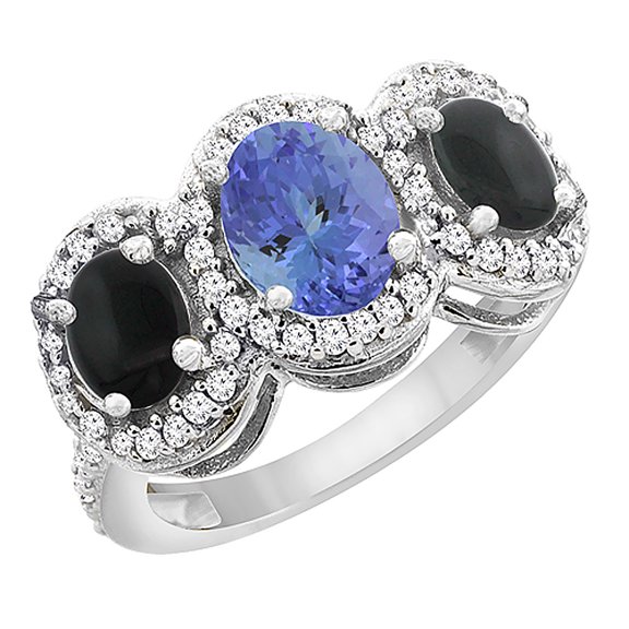 10K White Gold Natural Tanzanite & Black Onyx 3-Stone Ring Oval Diamond Accent, size 9