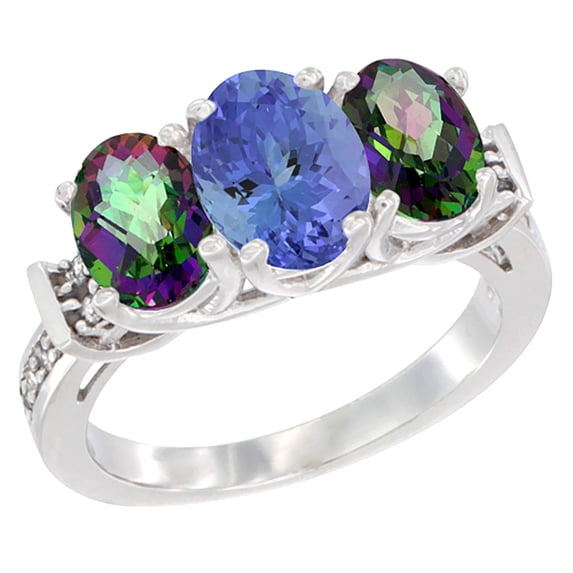 10K White Gold Natural Tanzanite & Mystic Topaz Sides Ring 3-Stone Oval Diamond Accent, size 8