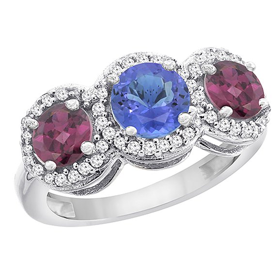 10K White Gold Natural Tanzanite & Rhodolite Sides Round 3-stone Ring Diamond Accents, size 6.5