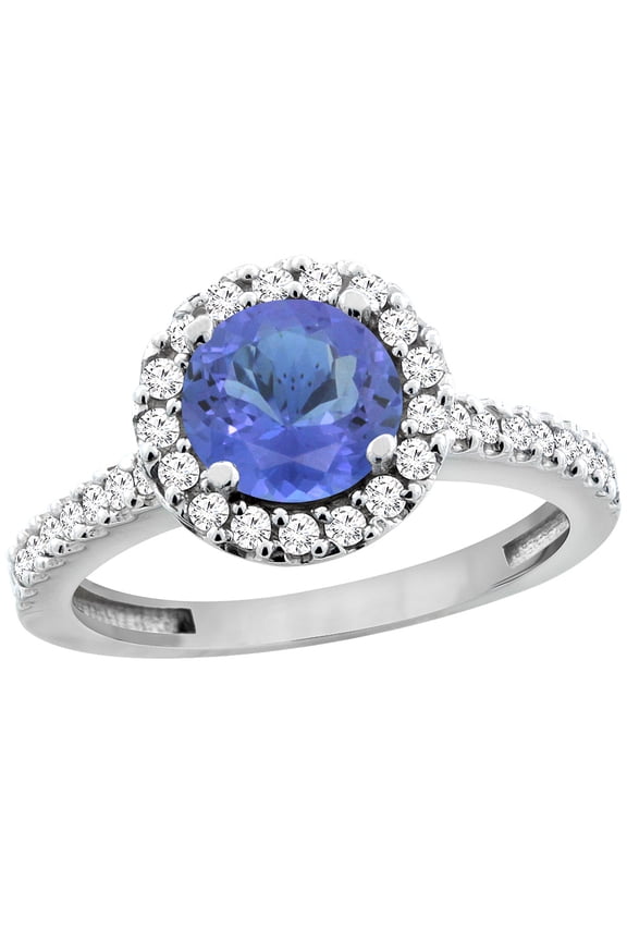 10K White Gold Natural Tanzanite Ring Round 6mm Floating Halo Diamond, size 5
