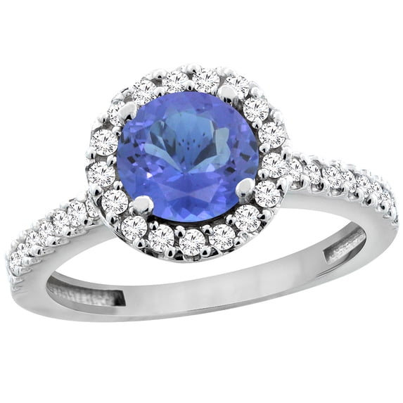 10K White Gold Natural Tanzanite Ring Round 6mm Floating Halo Diamond, size 8