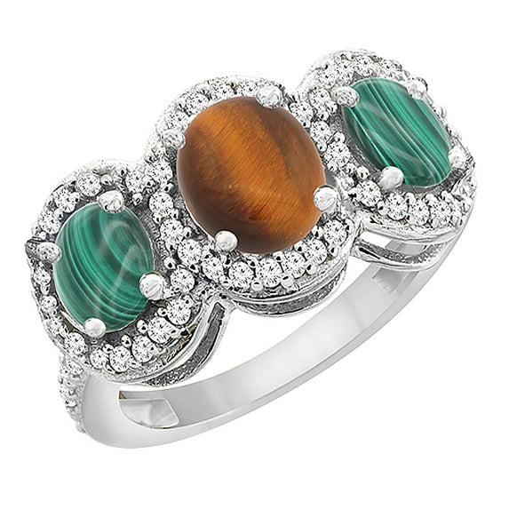 10K White Gold Natural Tiger Eye & Malachite 3-Stone Ring Oval Diamond Accent, size 6.5