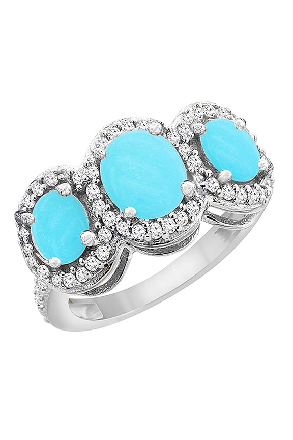10K White Gold Natural Turquoise 3-Stone Ring Oval Diamond Accent, size 7